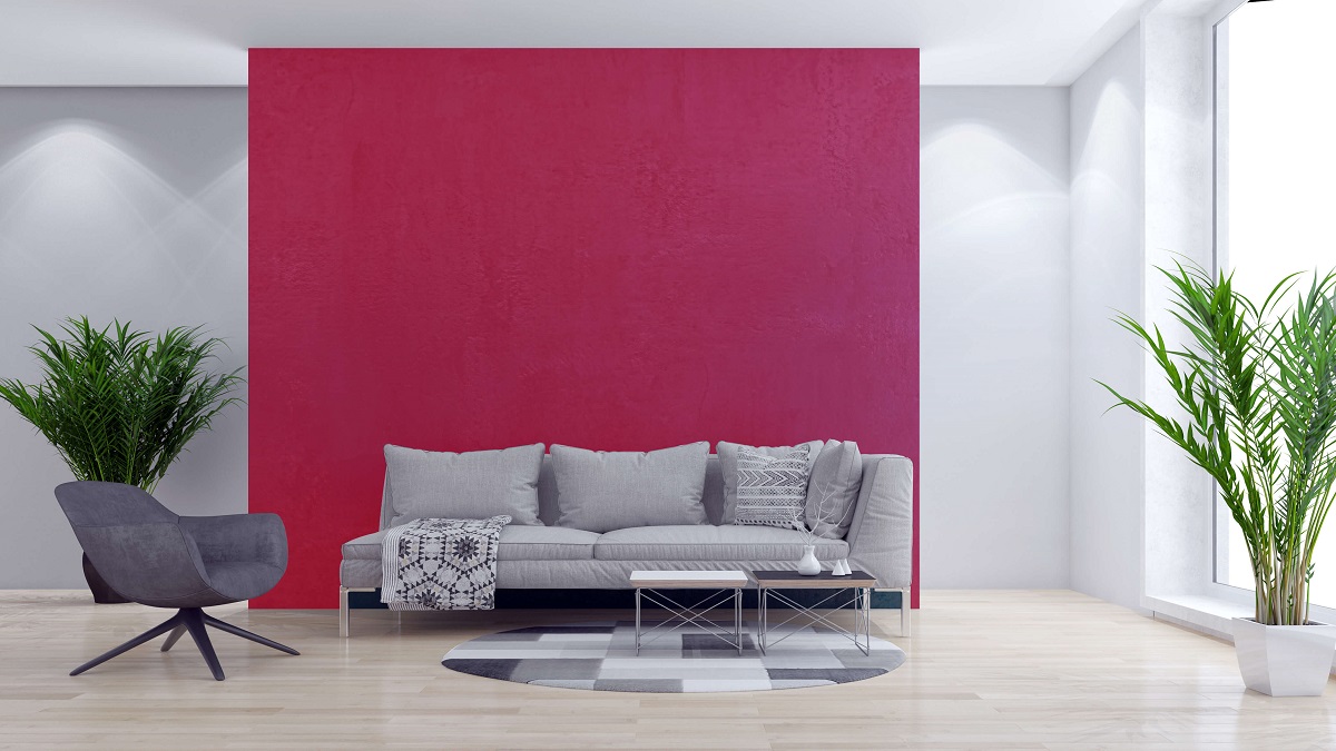 Block painted feature wall in Pantone's 2023 Colour of the Year, Viva Magenta