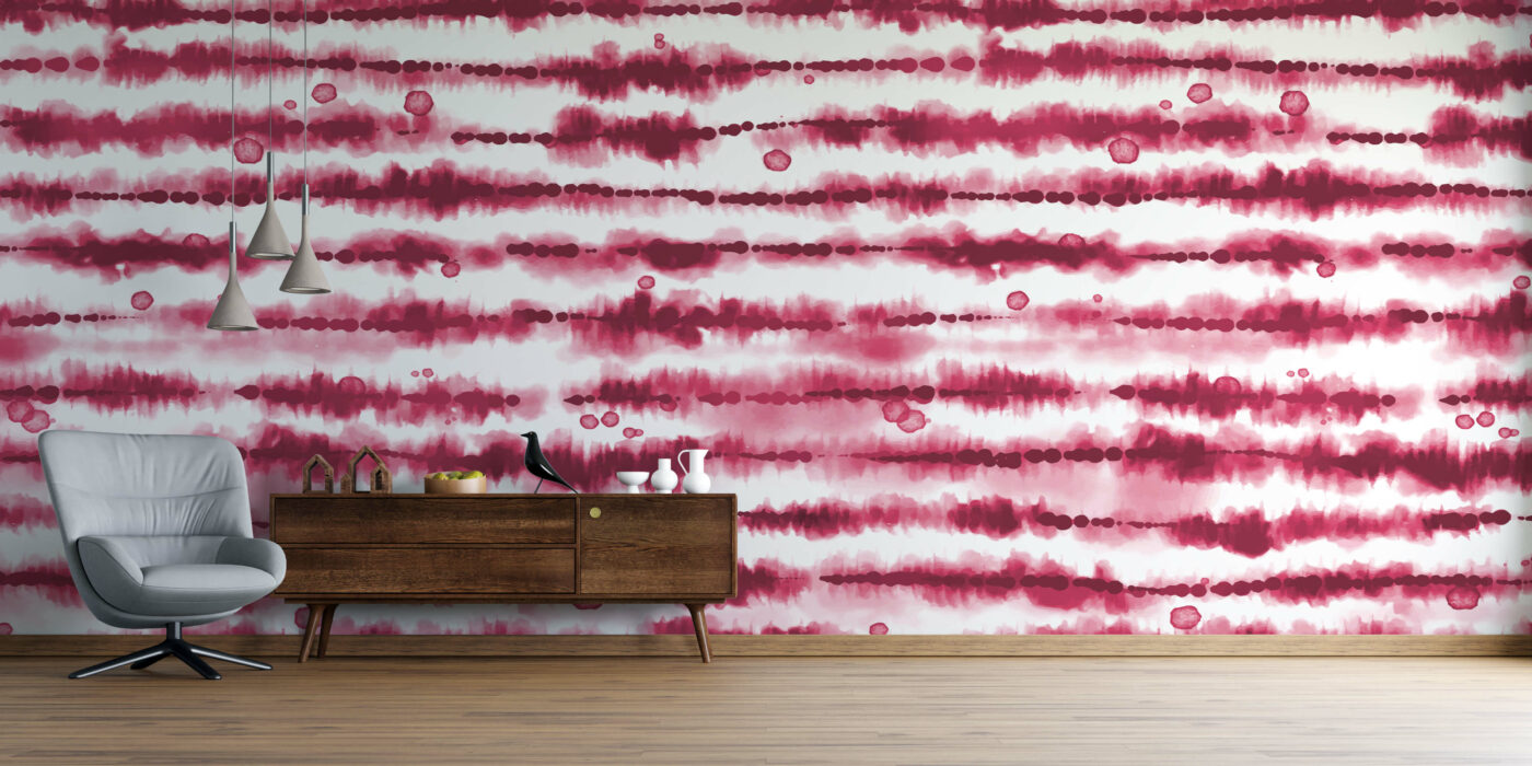 Bold and impactful use of Viva Magenta on the wall in a tie dye effect.