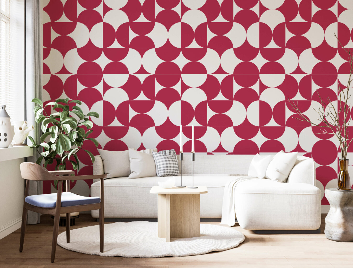 Patterned feature wall in Viva Magenta, Pantone's 2023 Colour of the Year.